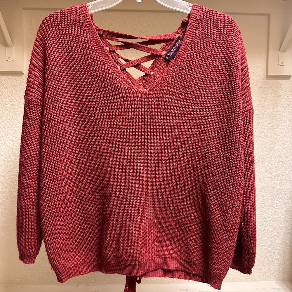 Rock & Roll Cowgirl Red V-Neck Sweater with Lace-Up Detail